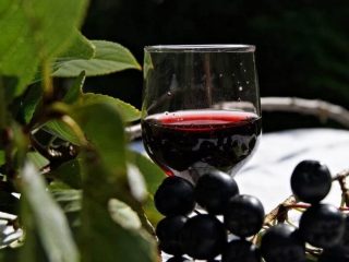 Sort chokeberry-likør med kirsebærblader